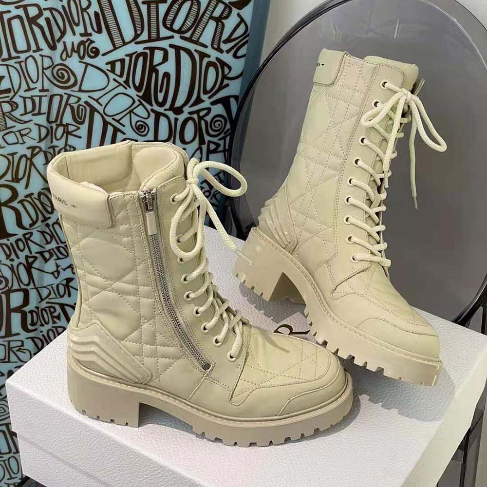 Dior Women D-Leader Ankle Boot White Quilted Cannage Calfskin