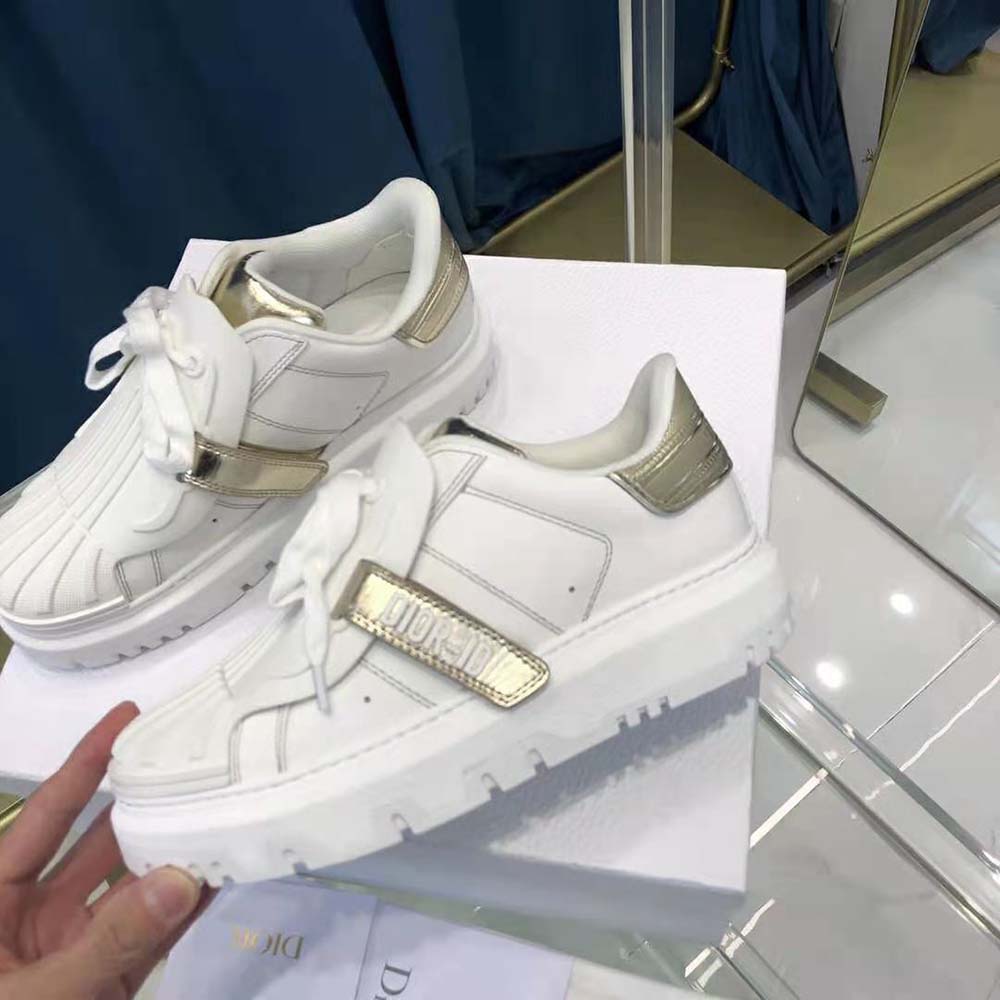 Dior Women Dior-id Sneaker White Calfskin and Gold-Tone Laminate