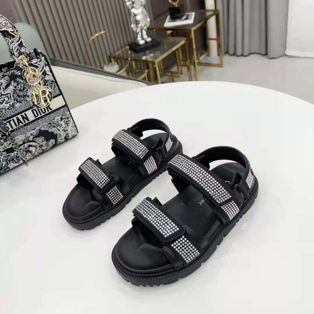 Dior Women Dioract Sandal Black Technical Fabric and White Resin Pearls