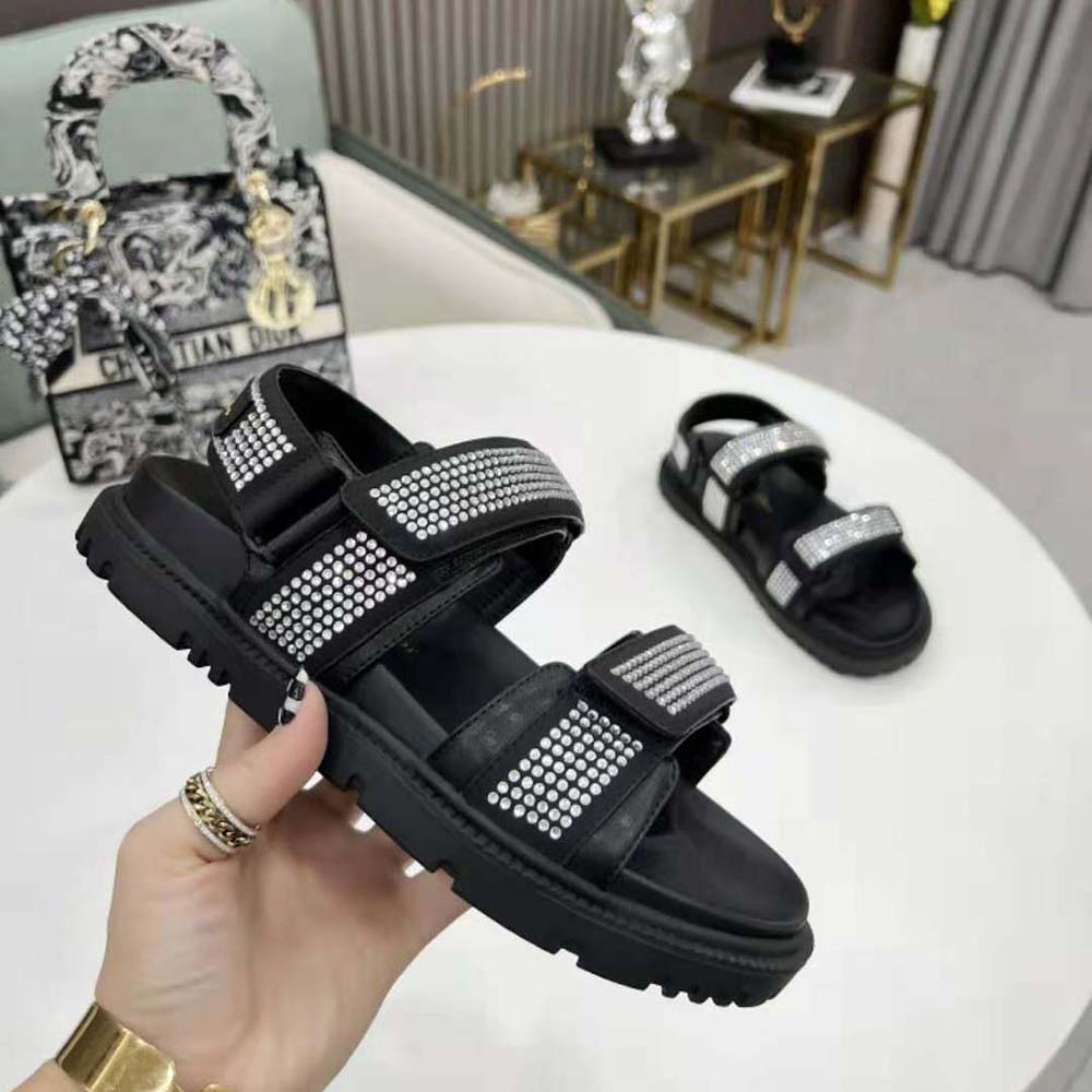 Dior Women Dioract Sandal Black Technical Fabric and White Resin Pearls