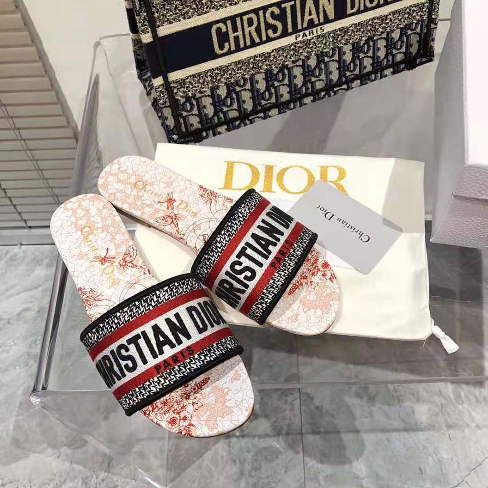 Dior Women Dway Dioramour Slide White and Red D-Royaume D Amour Embroidered Cotton
