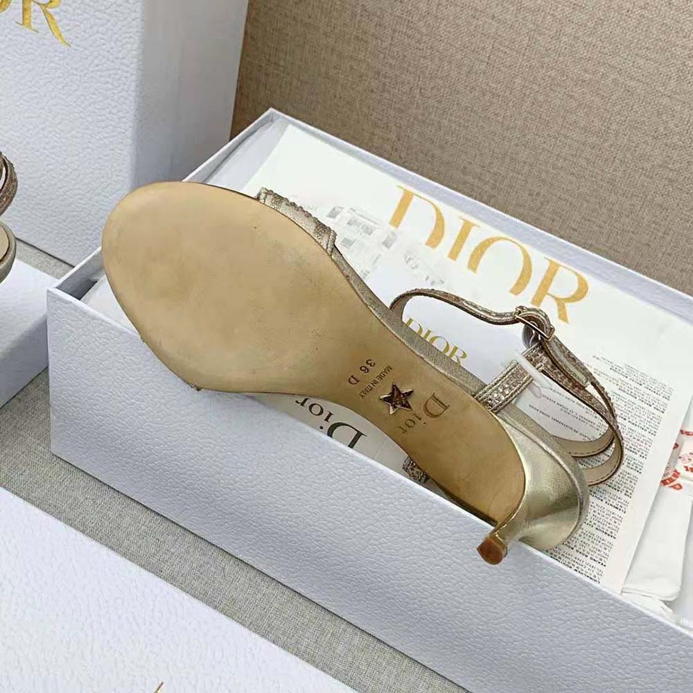 Dior Women Dway Heeled Sandal Gold-Tone Cotton Embroidered with Metallic Thread and Strass