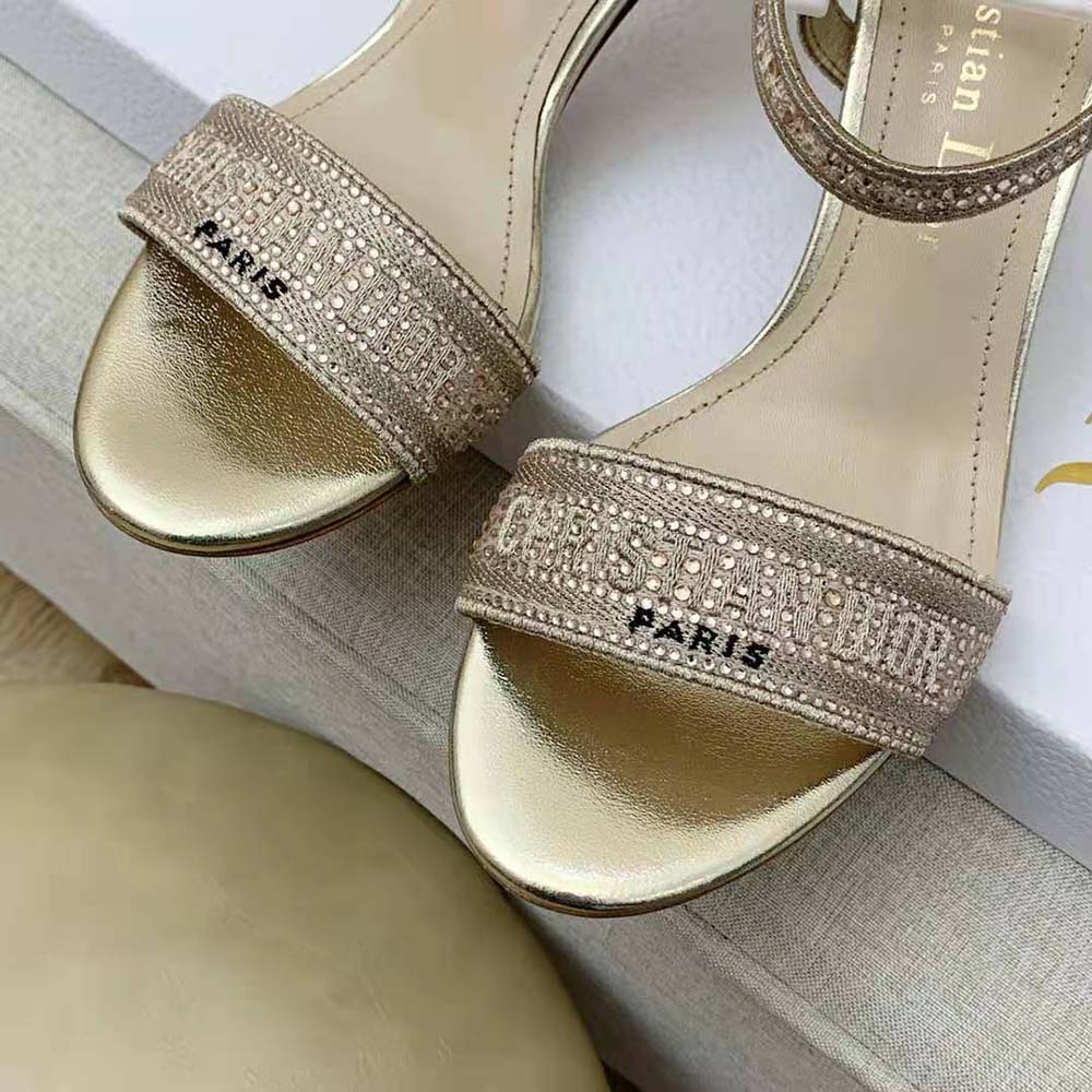 Dior Women Dway Heeled Sandal Gold-Tone Cotton Embroidered with Metallic Thread and Strass
