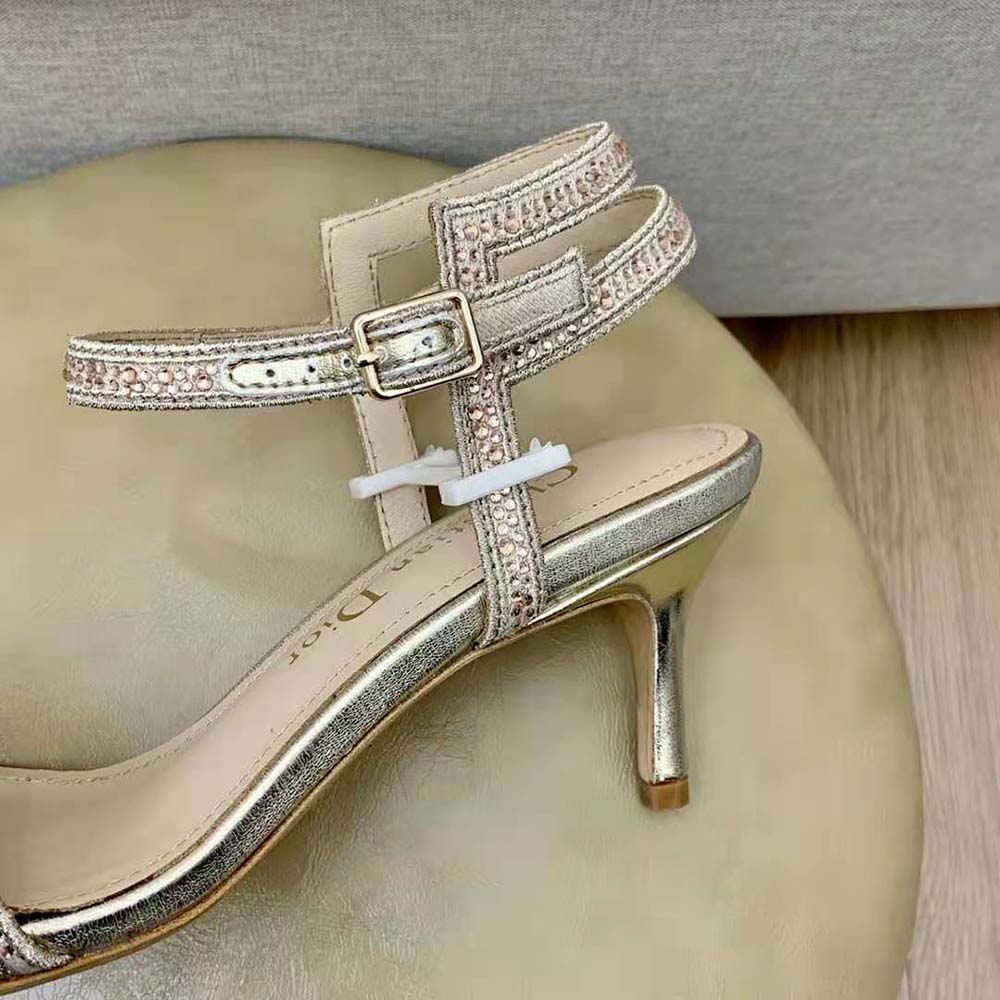 Dior Women Dway Heeled Sandal Gold-Tone Cotton Embroidered with Metallic Thread and Strass