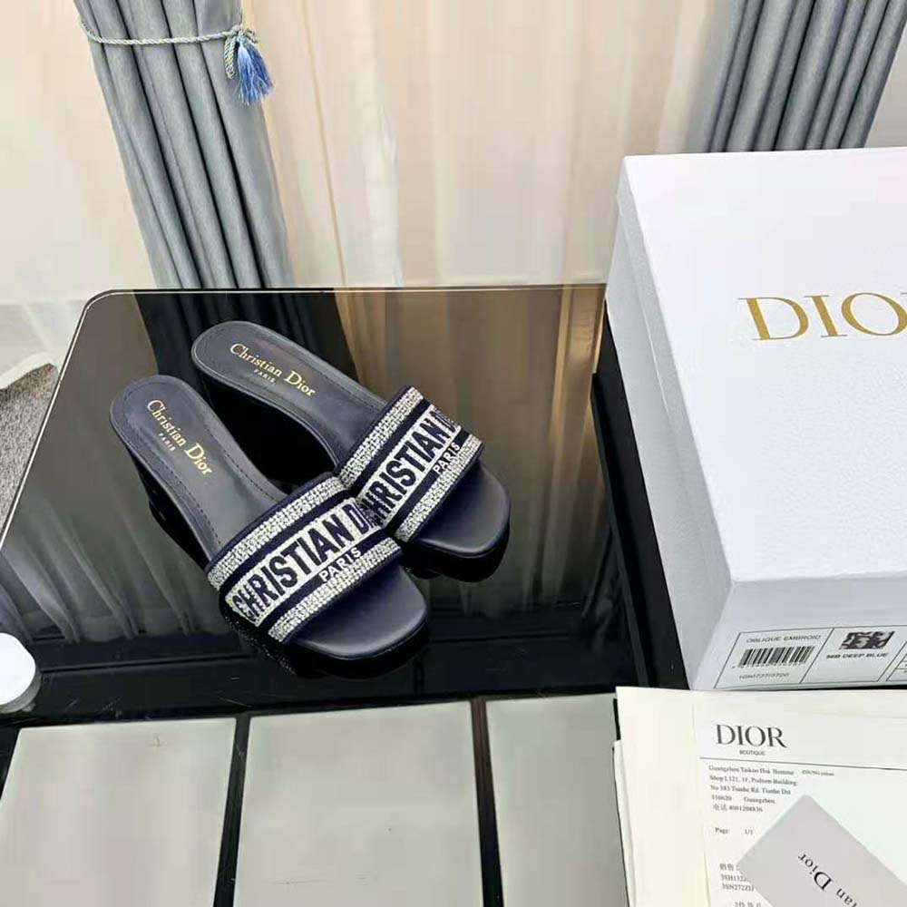 Dior Women Dway Heeled Slide Black Cotton Embroidered