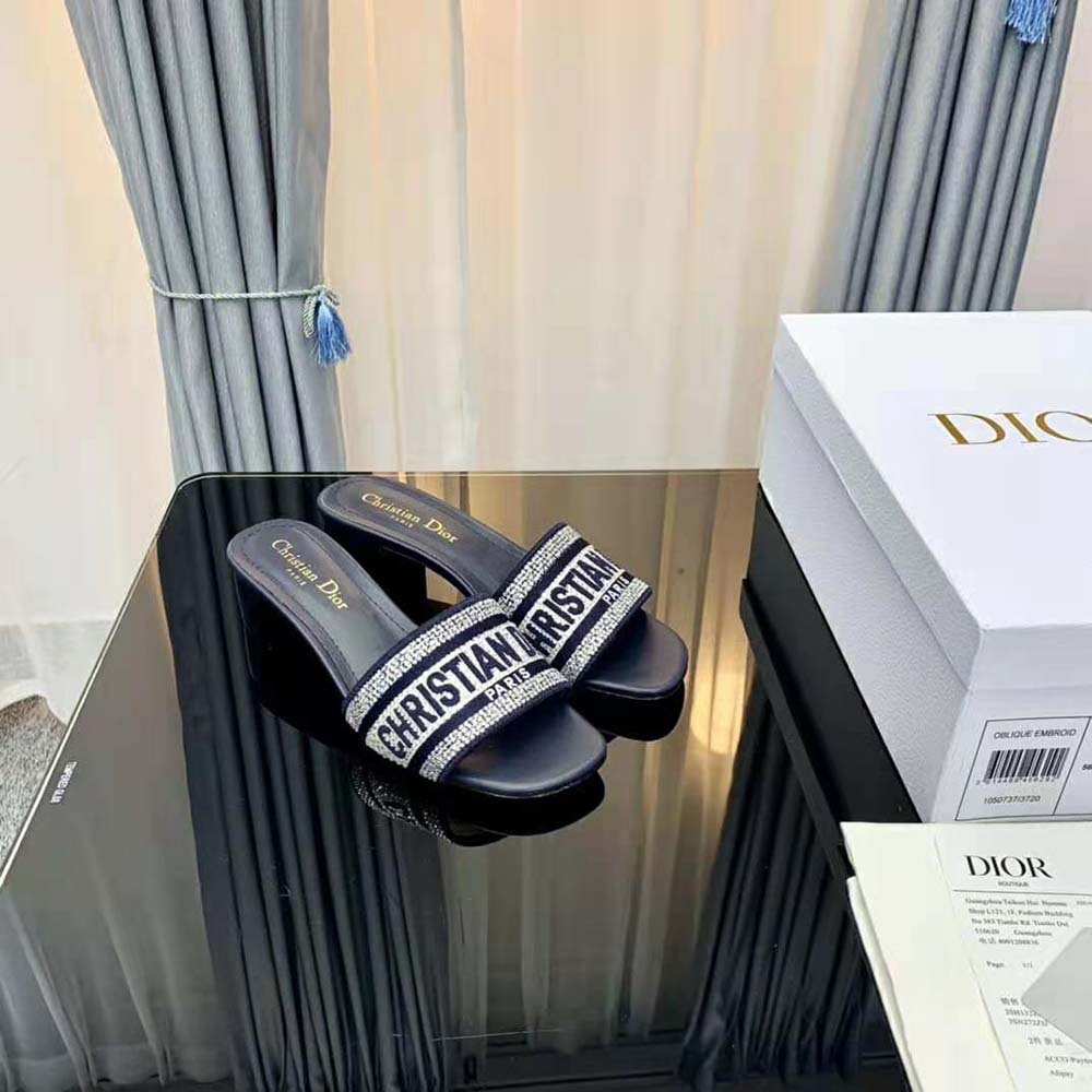 Dior Women Dway Heeled Slide Black Cotton Embroidered