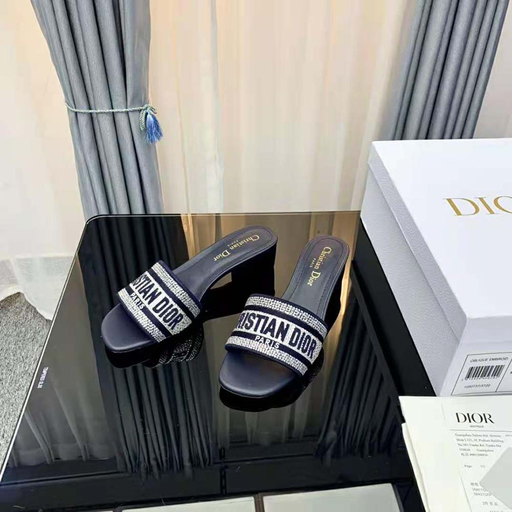 Dior Women Dway Heeled Slide Black Cotton Embroidered