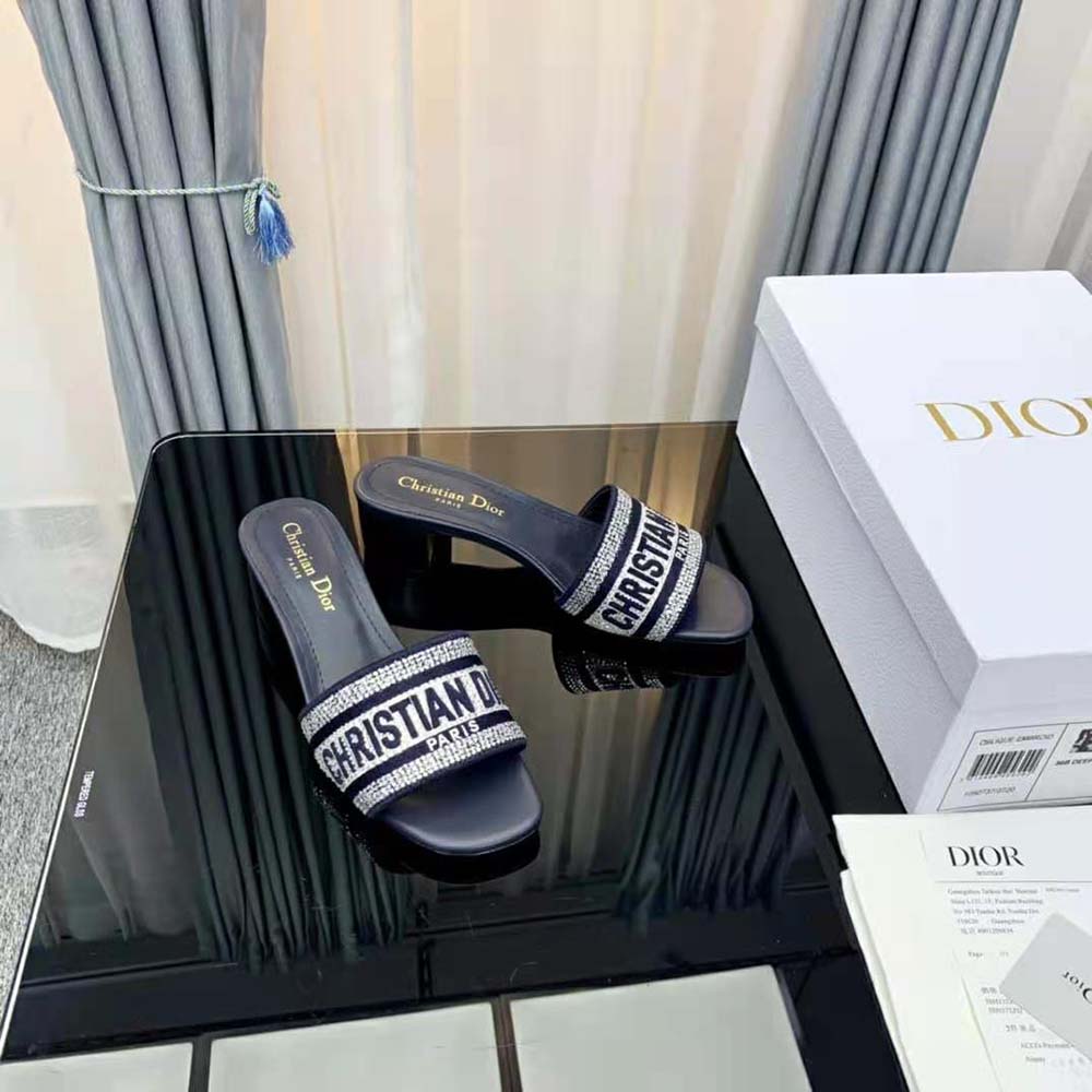 Dior Women Dway Heeled Slide Black Cotton Embroidered