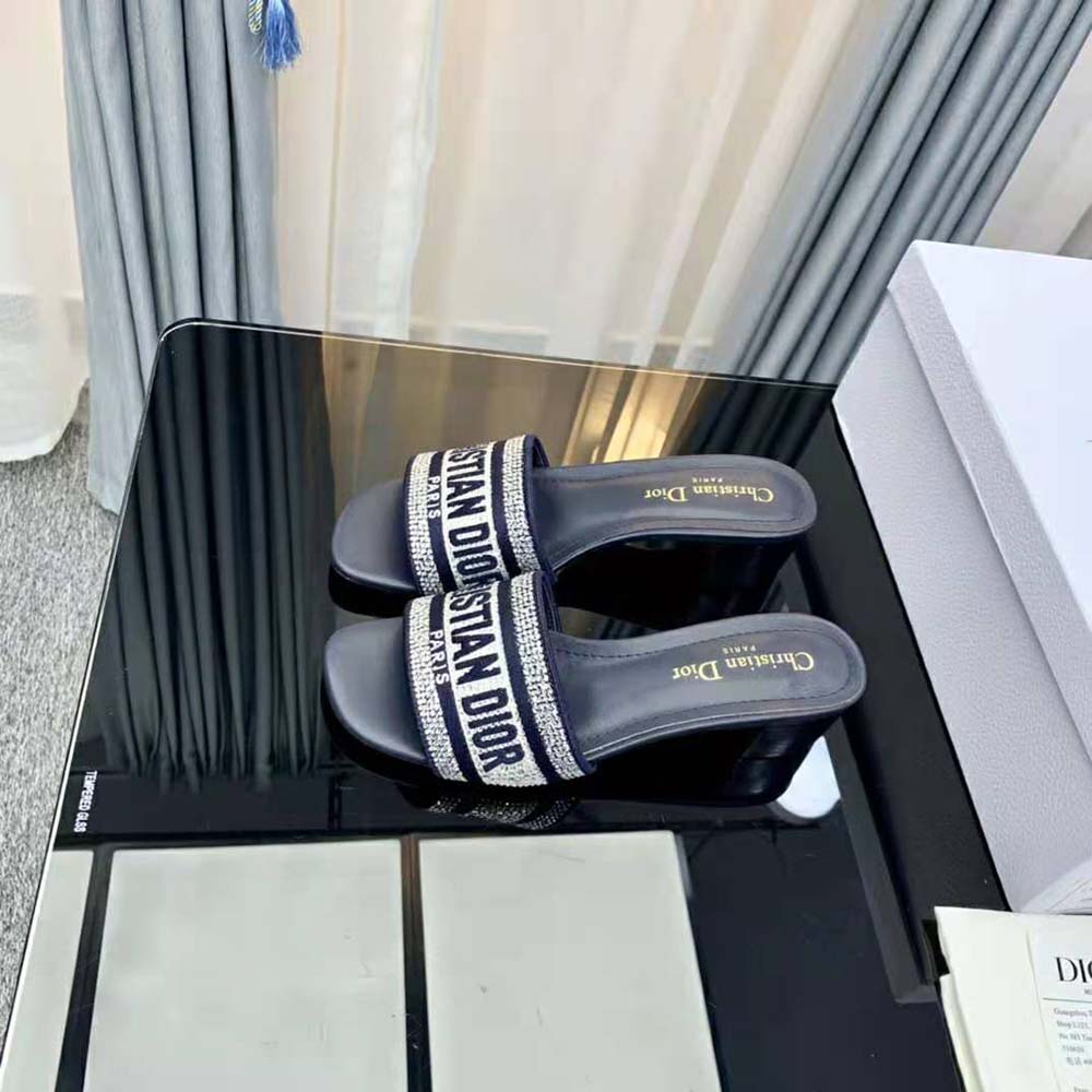 Dior Women Dway Heeled Slide Black Cotton Embroidered