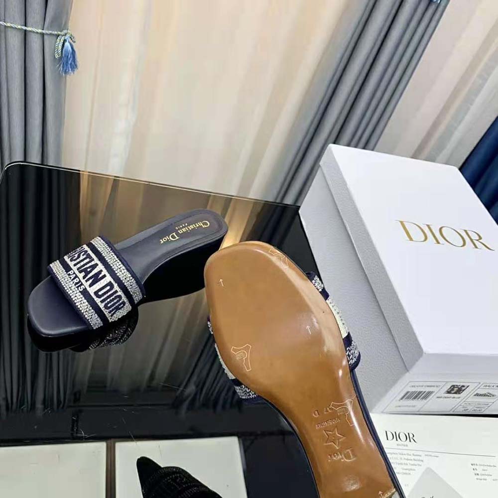 Dior Women Dway Heeled Slide Black Cotton Embroidered