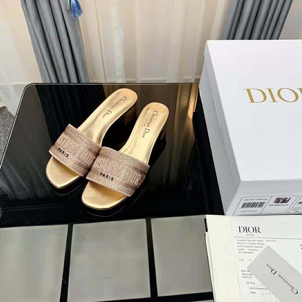 Dior Women Dway Heeled Slide Gold-Tone Cotton Embroidered