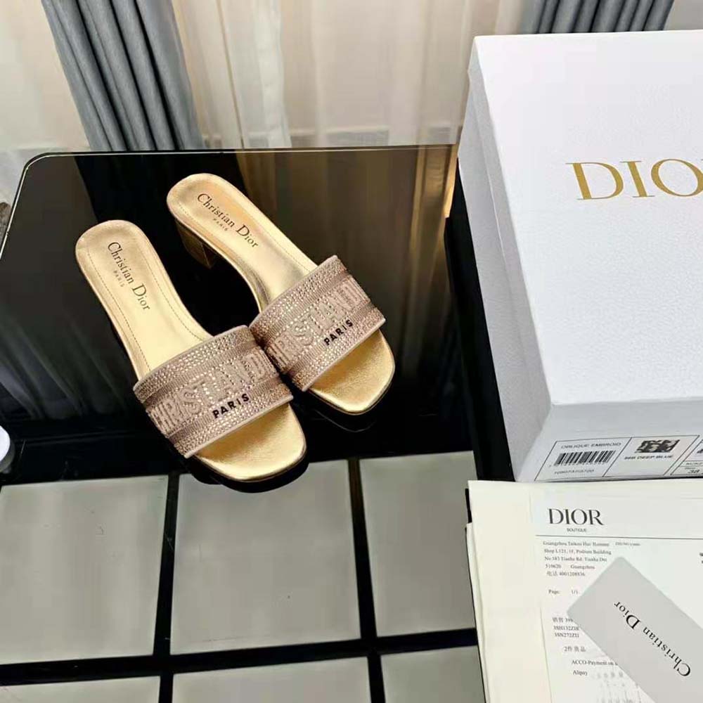Dior Women Dway Heeled Slide Gold-Tone Cotton Embroidered