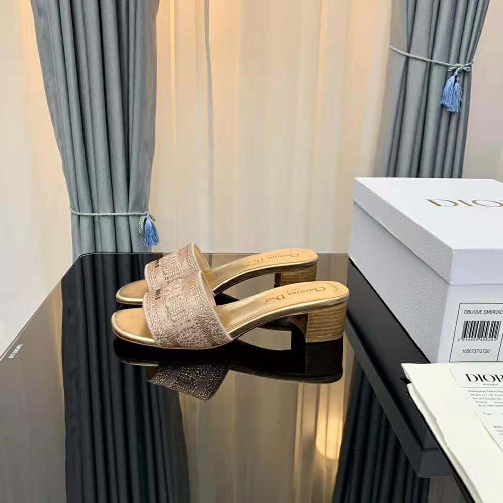 Dior Women Dway Heeled Slide Gold-Tone Cotton Embroidered
