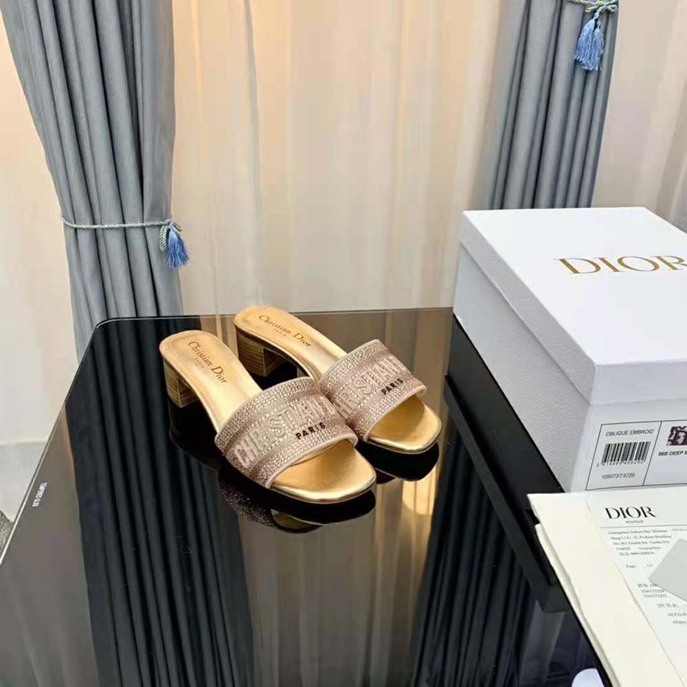 Dior Women Dway Heeled Slide Gold-Tone Cotton Embroidered