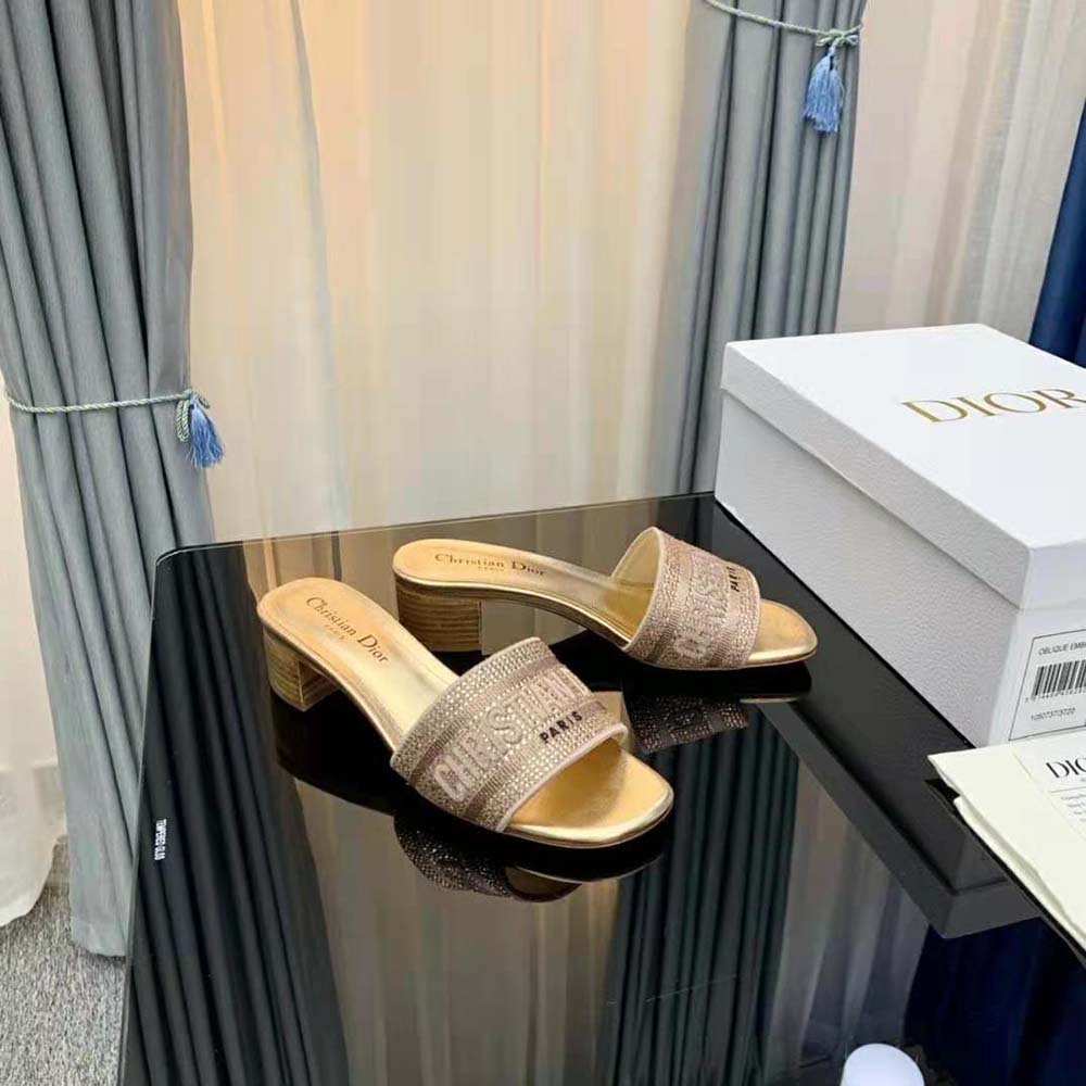 Dior Women Dway Heeled Slide Gold-Tone Cotton Embroidered