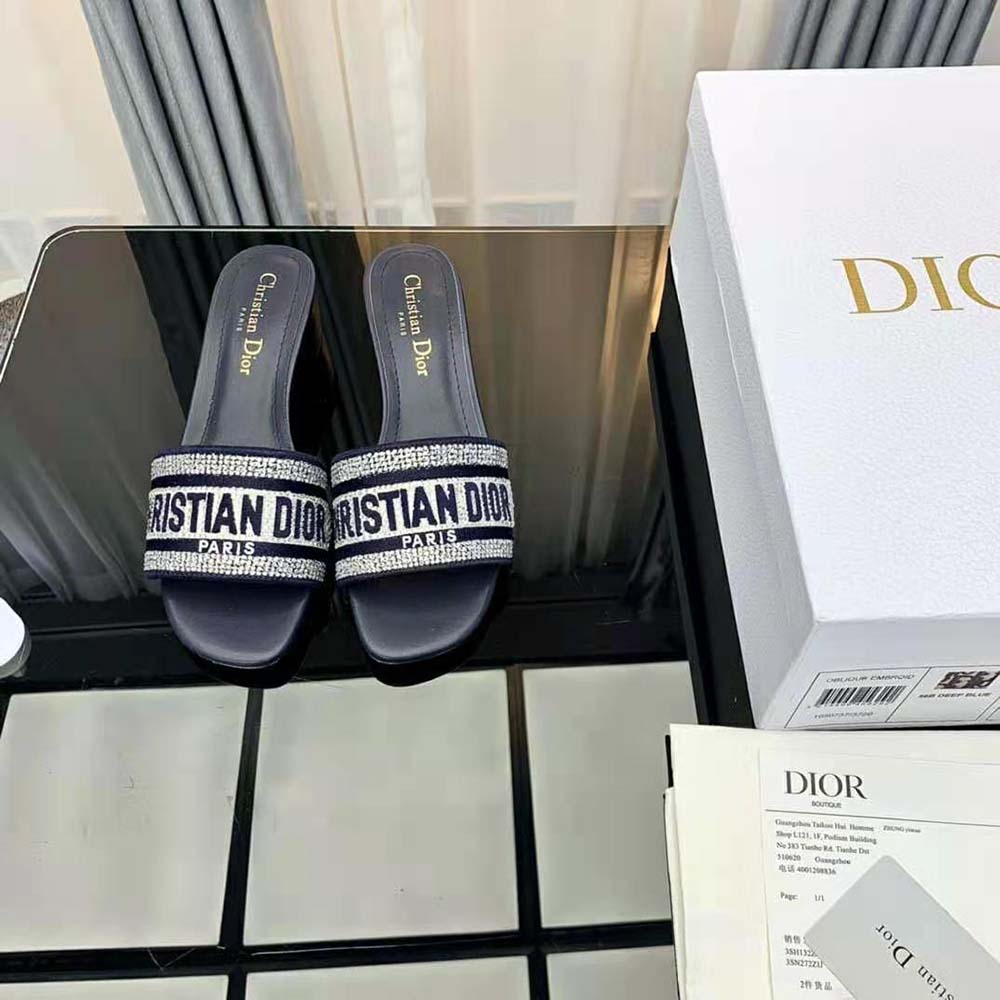 Dior Women Dway Slide Black Cotton Embroidery with Metallic Thread and Silver-Tone Strass
