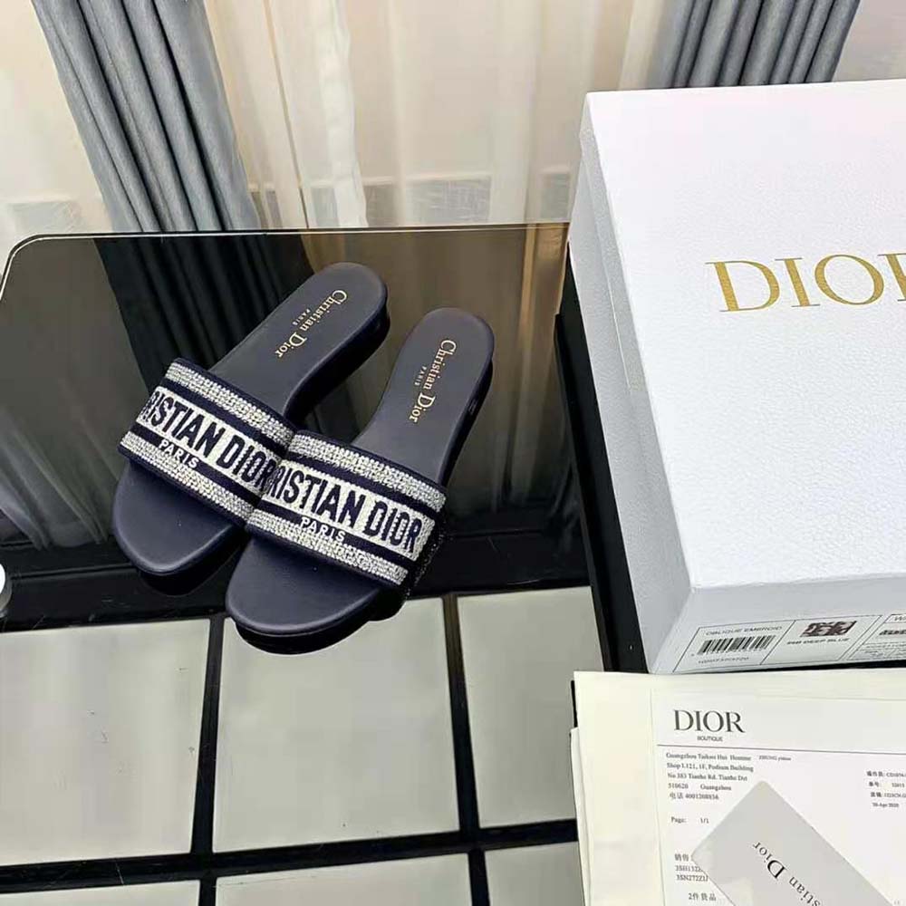 Dior Women Dway Slide Black Cotton Embroidery with Metallic Thread and Silver-Tone Strass