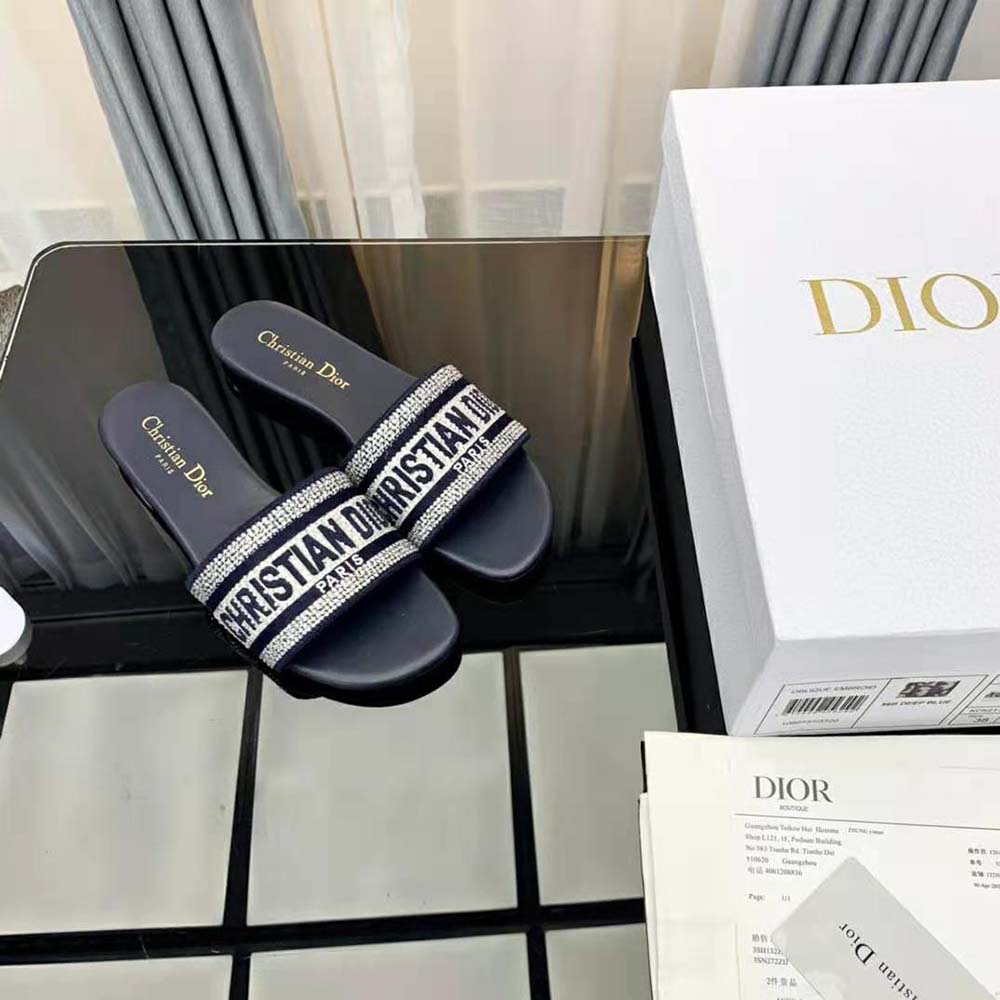 Dior Women Dway Slide Black Cotton Embroidery with Metallic Thread and Silver-Tone Strass