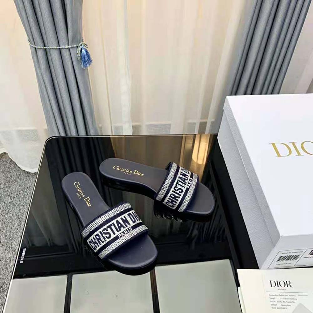 Dior Women Dway Slide Black Cotton Embroidery with Metallic Thread and Silver-Tone Strass