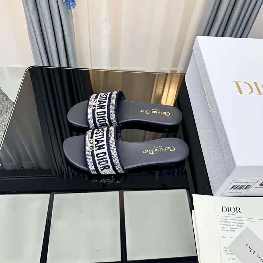 Dior Women Dway Slide Black Cotton Embroidery with Metallic Thread and Silver-Tone Strass