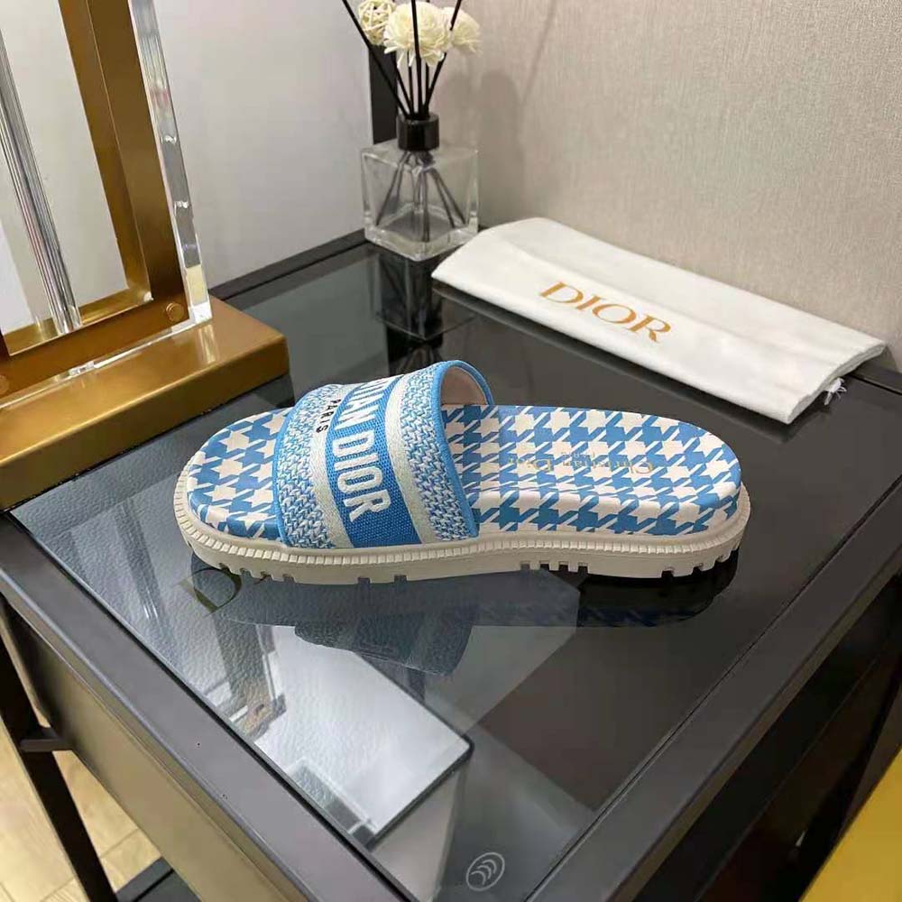 Dior Women Dway Slide Cornflower Blue Embroidered Cotton with Micro Houndstooth Motif