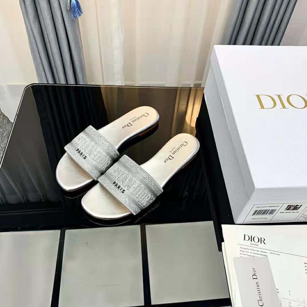 Dior Women Dway Slide Cotton Metallic Thread Embroidery and Silver-Tone Strass