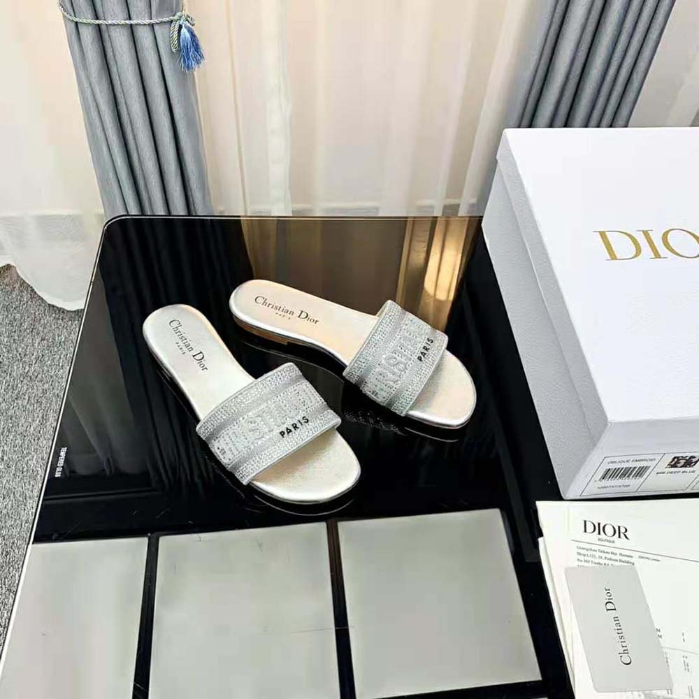 Dior Women Dway Slide Cotton Metallic Thread Embroidery and Silver-Tone Strass