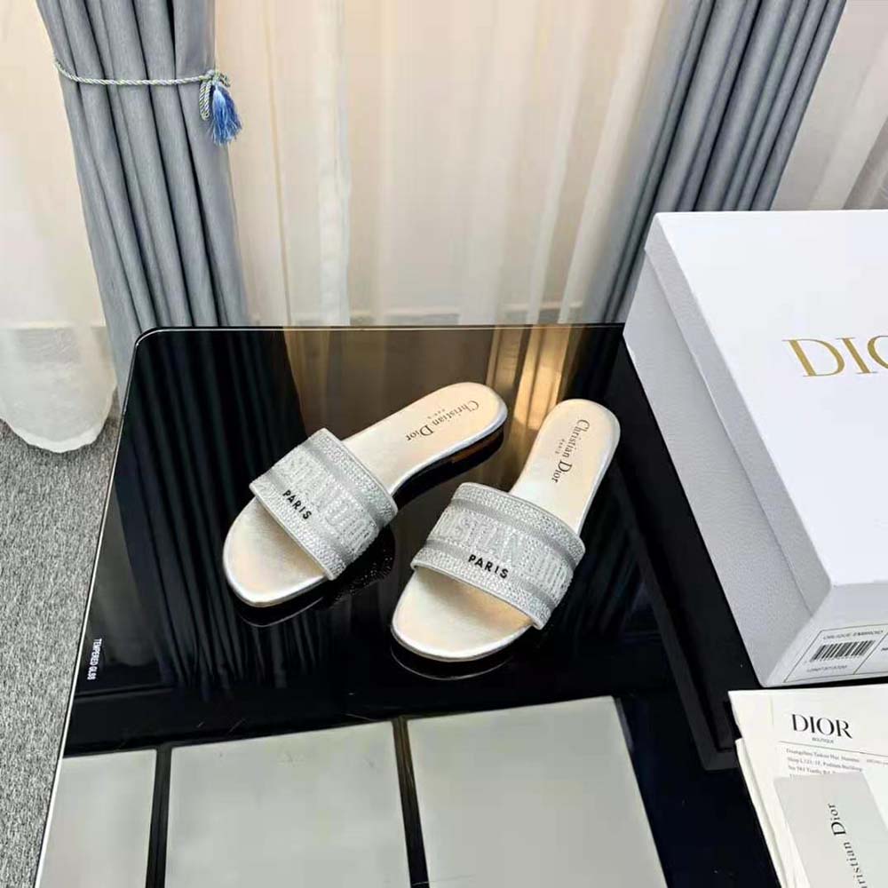 Dior Women Dway Slide Cotton Metallic Thread Embroidery and Silver-Tone Strass