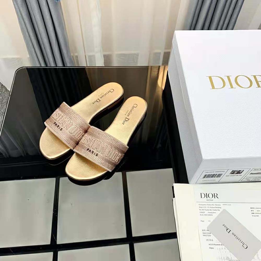 Dior Women Dway Slide Gold-Tone Cotton Embroidered with Metallic Thread and Strass