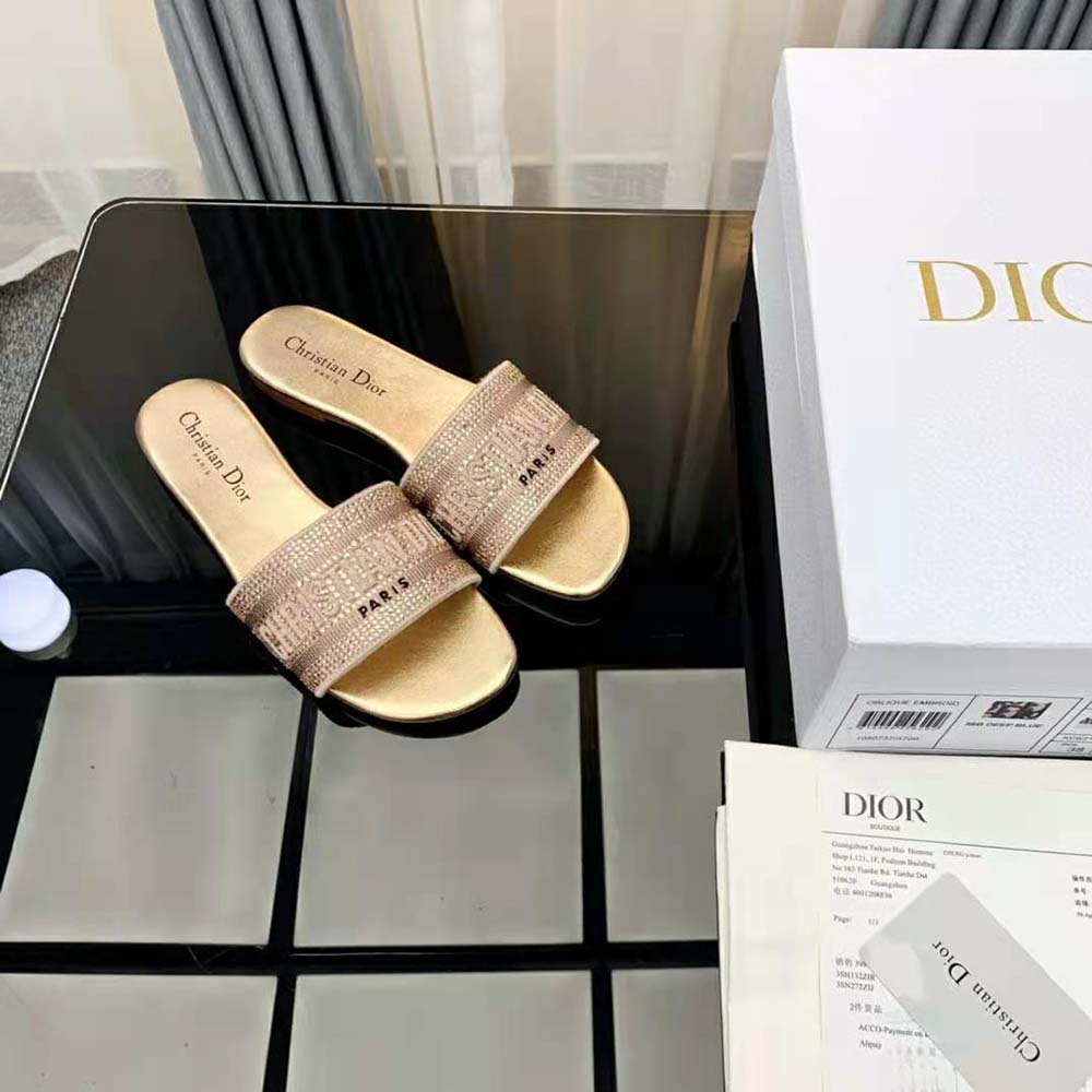 Dior Women Dway Slide Gold-Tone Cotton Embroidered with Metallic Thread and Strass