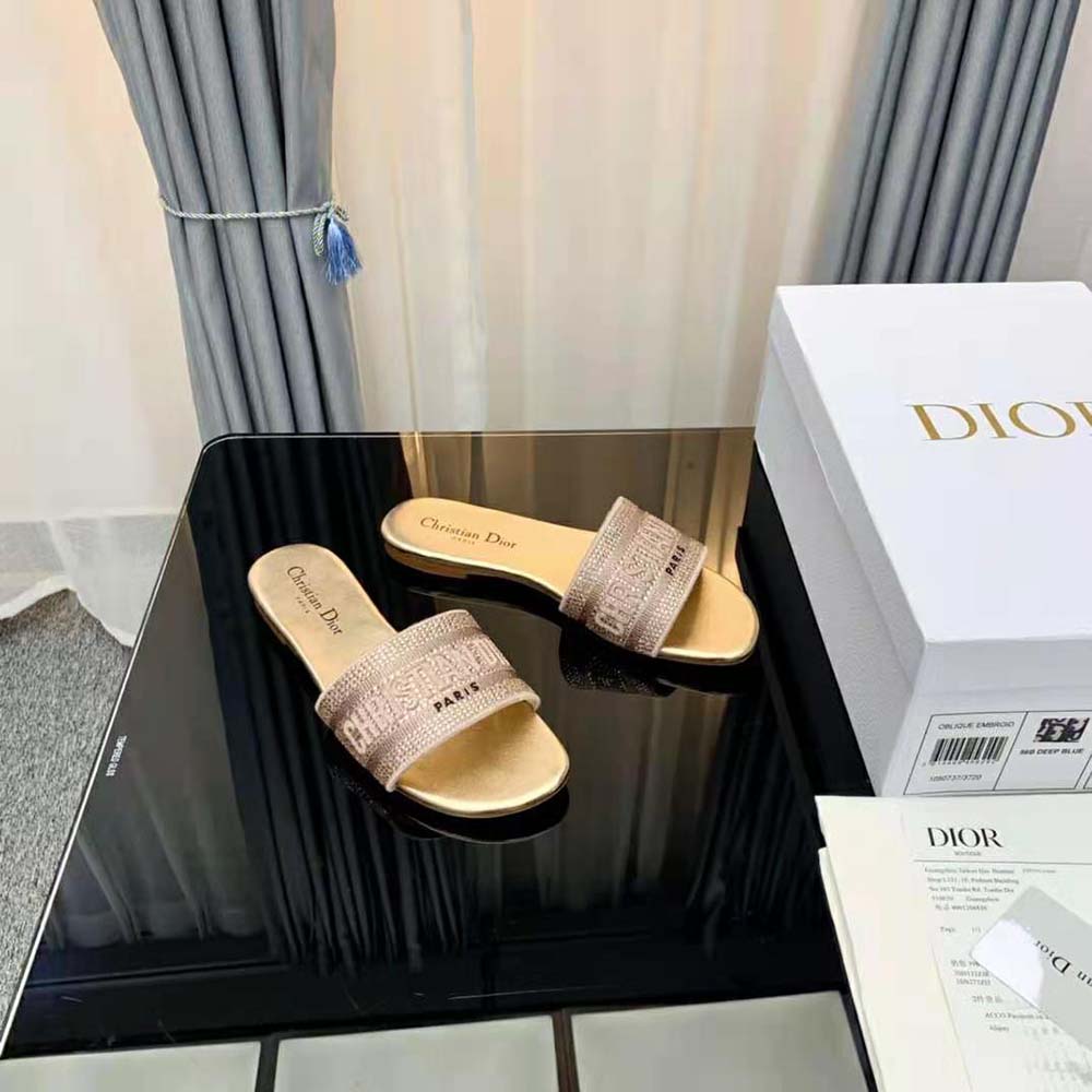 Dior Women Dway Slide Gold-Tone Cotton Embroidered with Metallic Thread and Strass