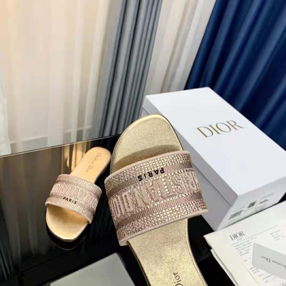 Dior Women Dway Slide Gold-Tone Cotton Embroidered with Metallic Thread and Strass