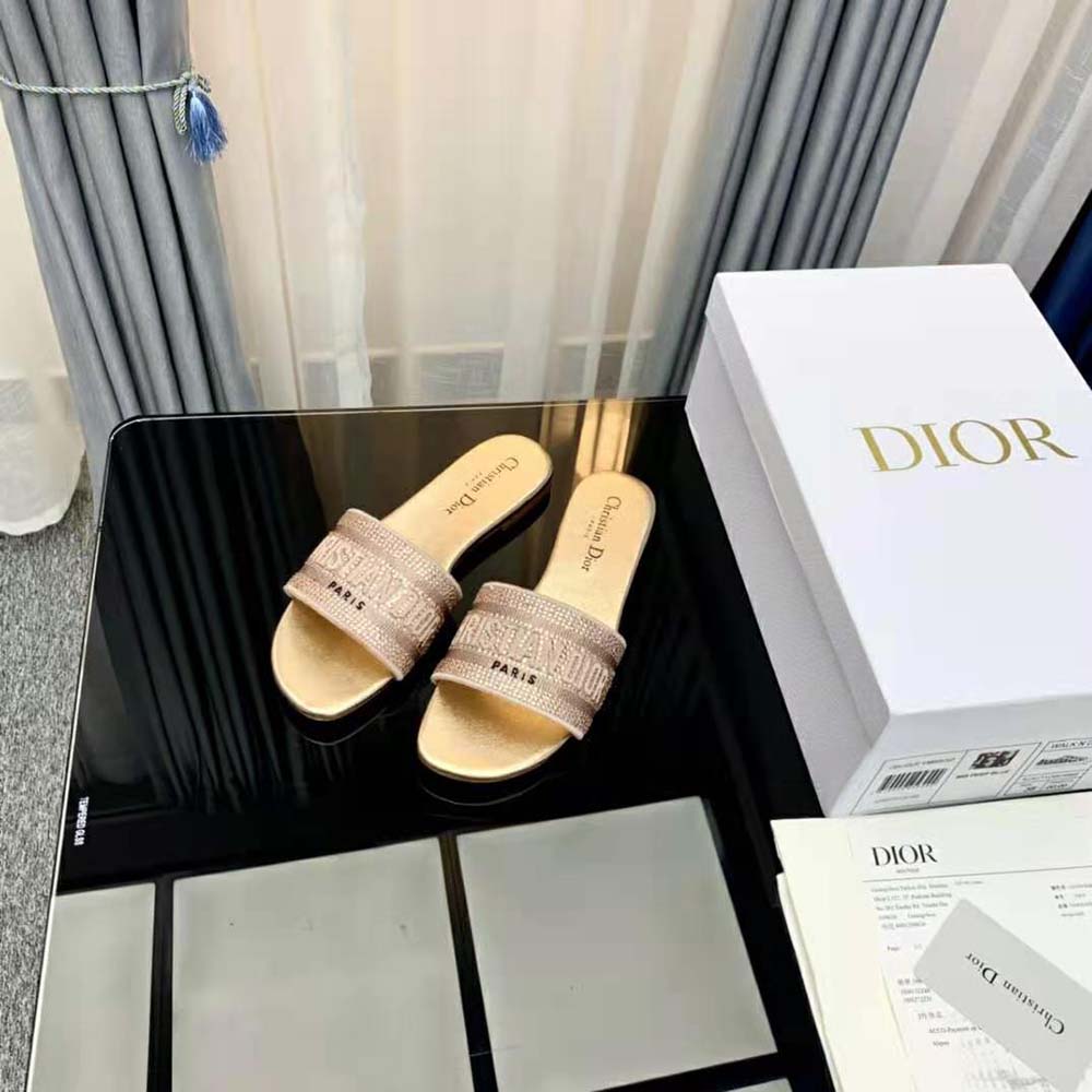 Dior Women Dway Slide Gold-Tone Cotton Embroidered with Metallic Thread and Strass