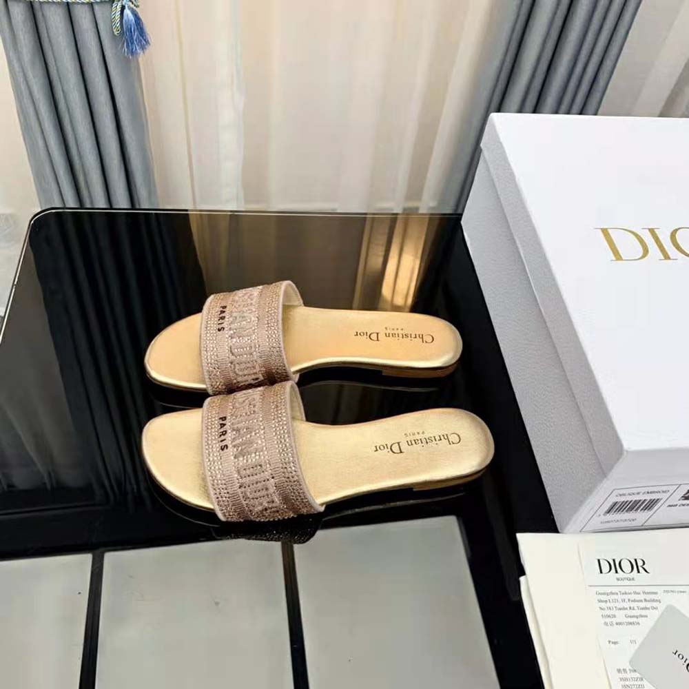 Dior Women Dway Slide Gold-Tone Cotton Embroidered with Metallic Thread and Strass
