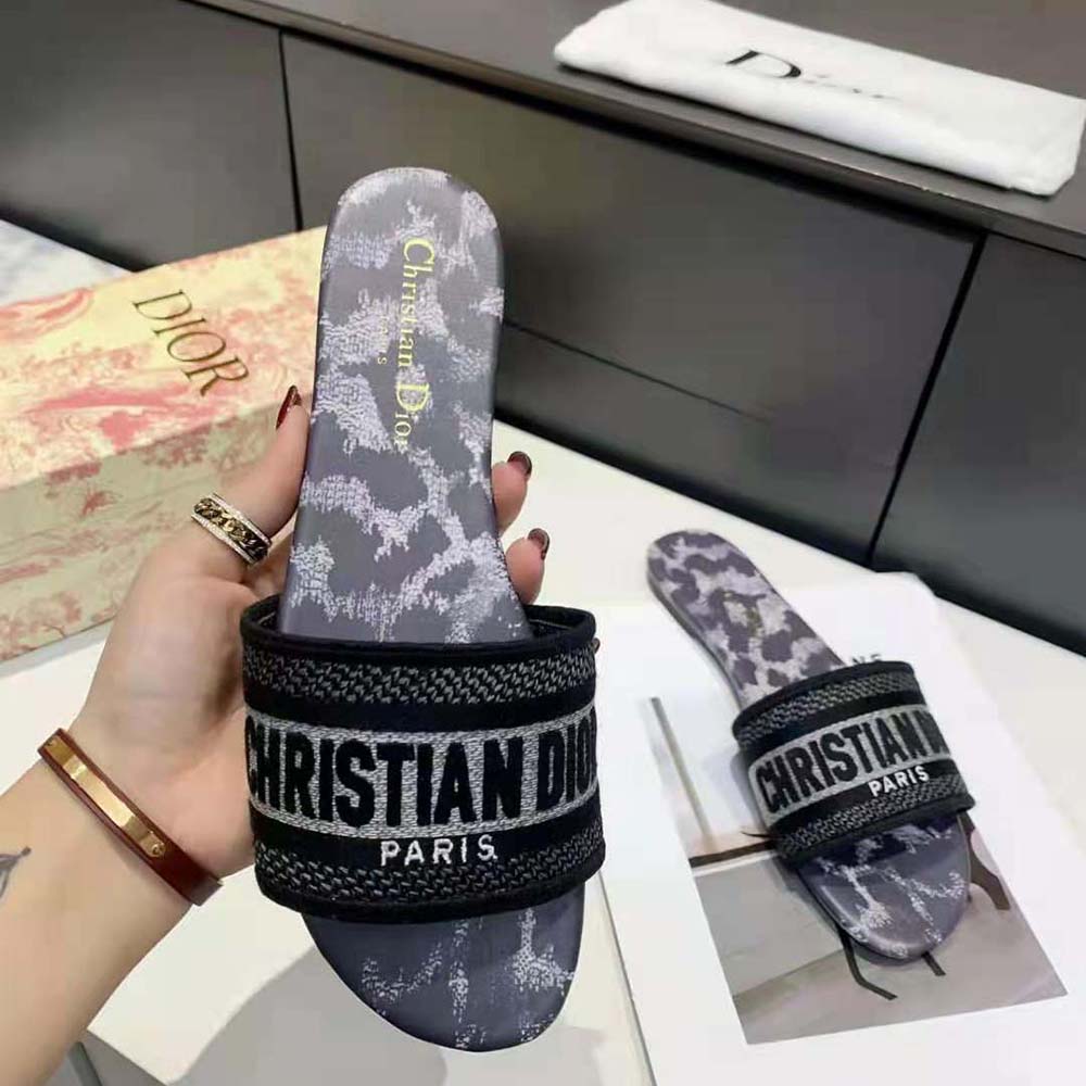 Dior Women Dway Slide Gray Mizza Embroidered Cotton and Metallic Thread