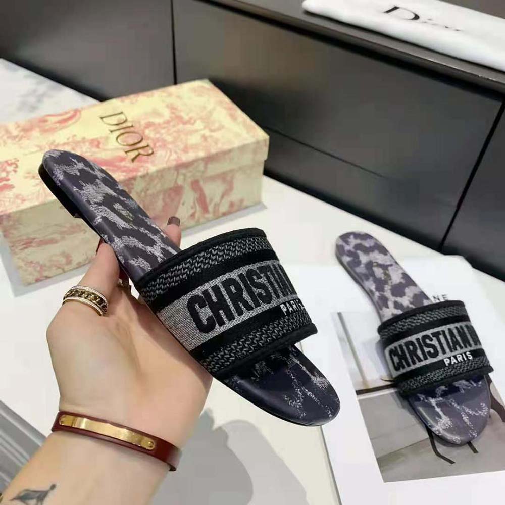 Dior Women Dway Slide Gray Mizza Embroidered Cotton and Metallic Thread