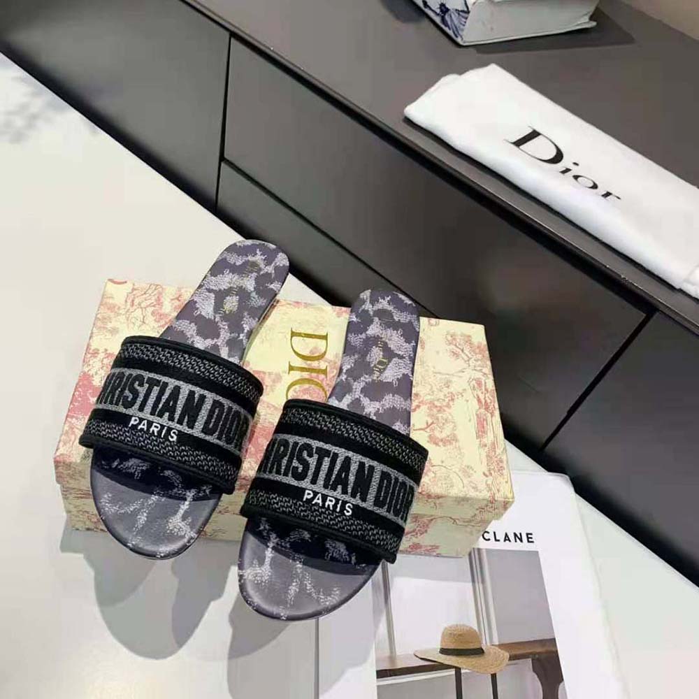 Dior Women Dway Slide Gray Mizza Embroidered Cotton and Metallic Thread