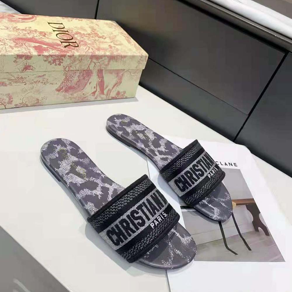 Dior Women Dway Slide Gray Mizza Embroidered Cotton and Metallic Thread