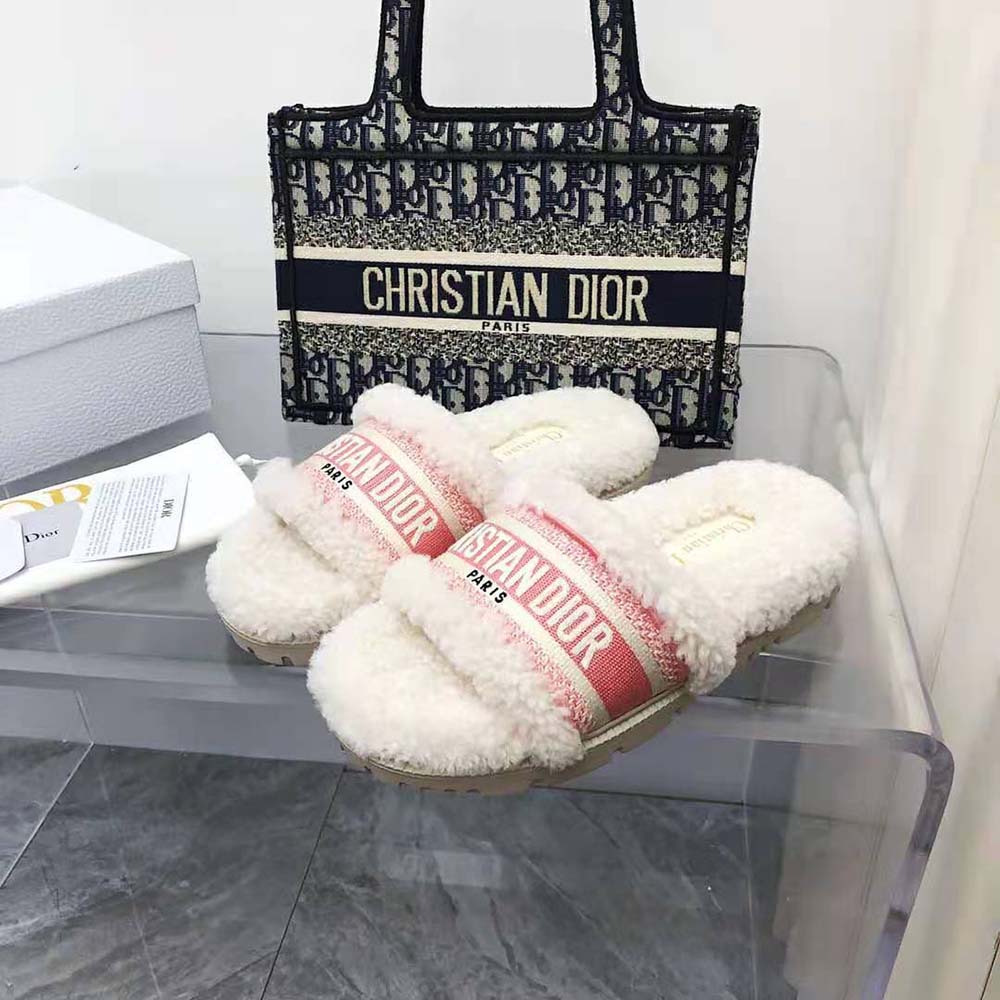 Dior Women Dway Slide Peony Pink Embroidered Cotton and White Shearling