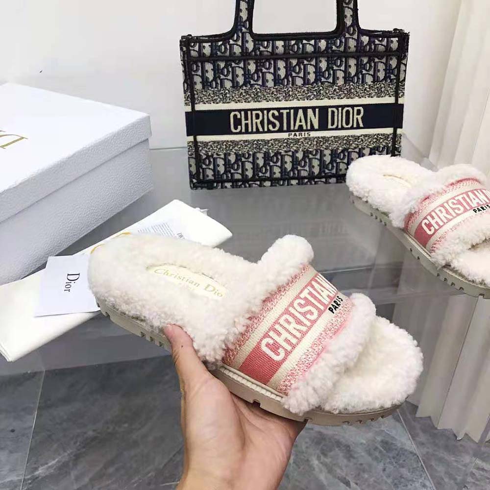 Dior Women Dway Slide Peony Pink Embroidered Cotton and White Shearling