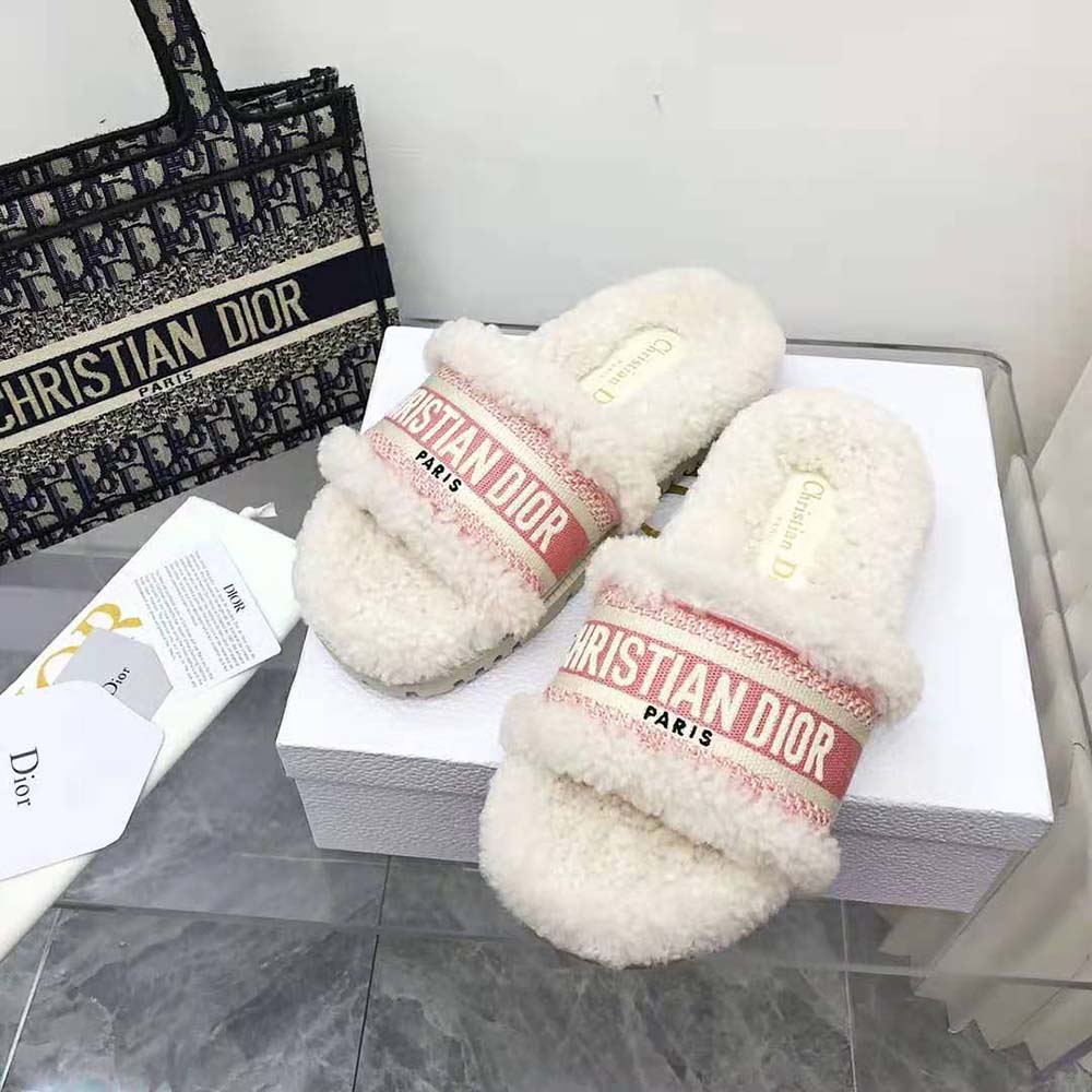 Dior Women Dway Slide Peony Pink Embroidered Cotton and White Shearling