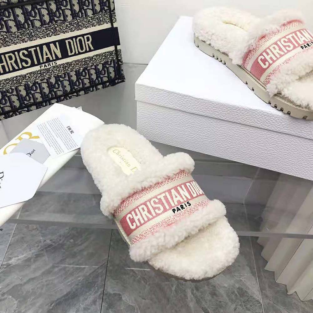 Dior Women Dway Slide Peony Pink Embroidered Cotton and White Shearling