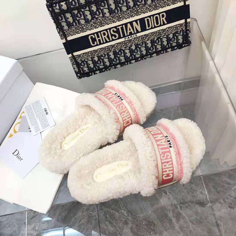 Dior Women Dway Slide Peony Pink Embroidered Cotton and White Shearling