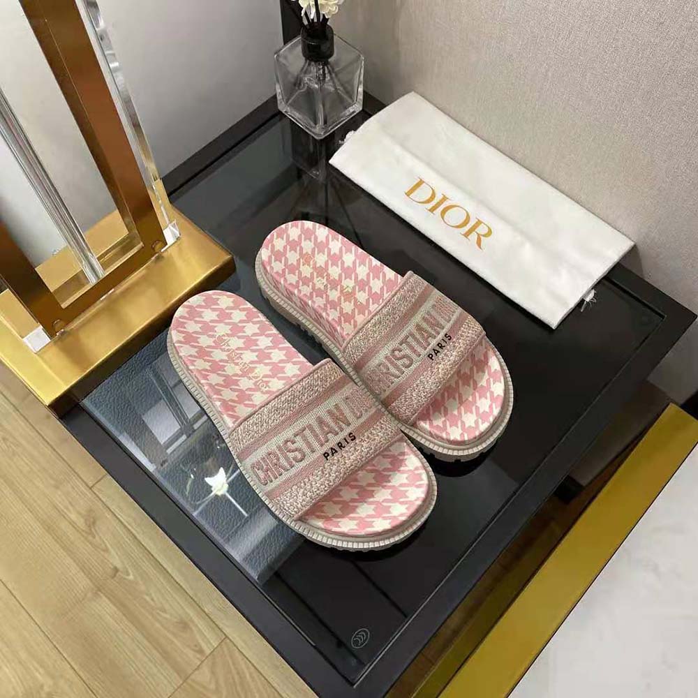 Dior Women Dway Slide Peony Pink Embroidered Cotton with Micro Houndstooth Motif