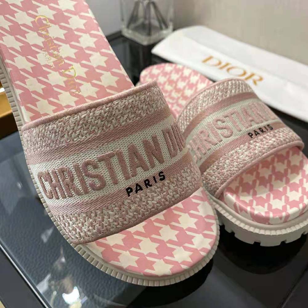Dior Women Dway Slide Peony Pink Embroidered Cotton with Micro Houndstooth Motif