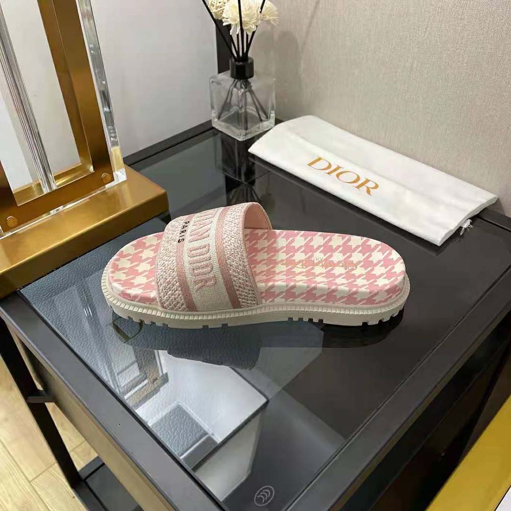 Dior Women Dway Slide Peony Pink Embroidered Cotton with Micro Houndstooth Motif
