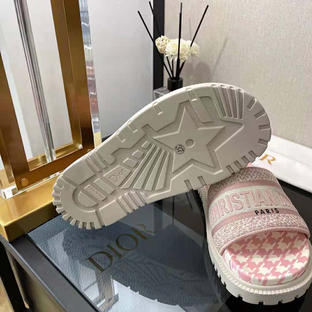 Dior Women Dway Slide Peony Pink Embroidered Cotton with Micro Houndstooth Motif