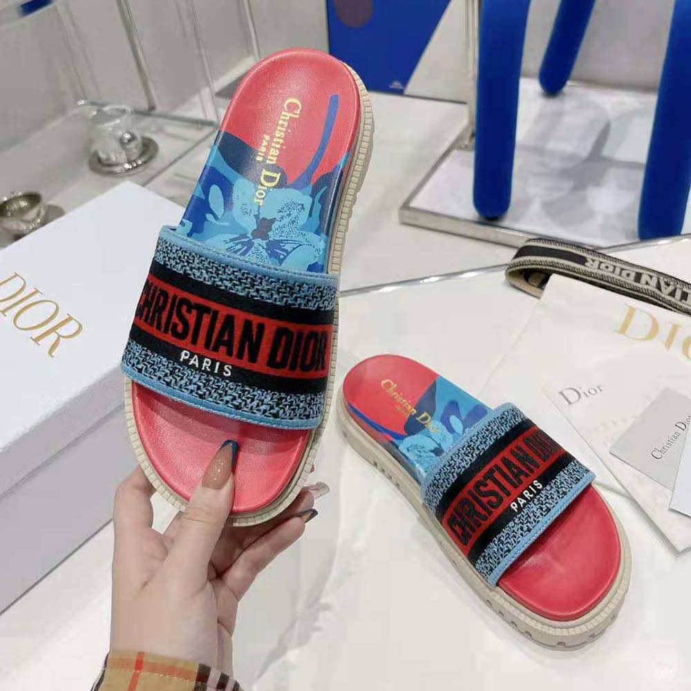 Dior Women Dway Slide Pink Multicolor D-Flower Pop Cotton Embroidery