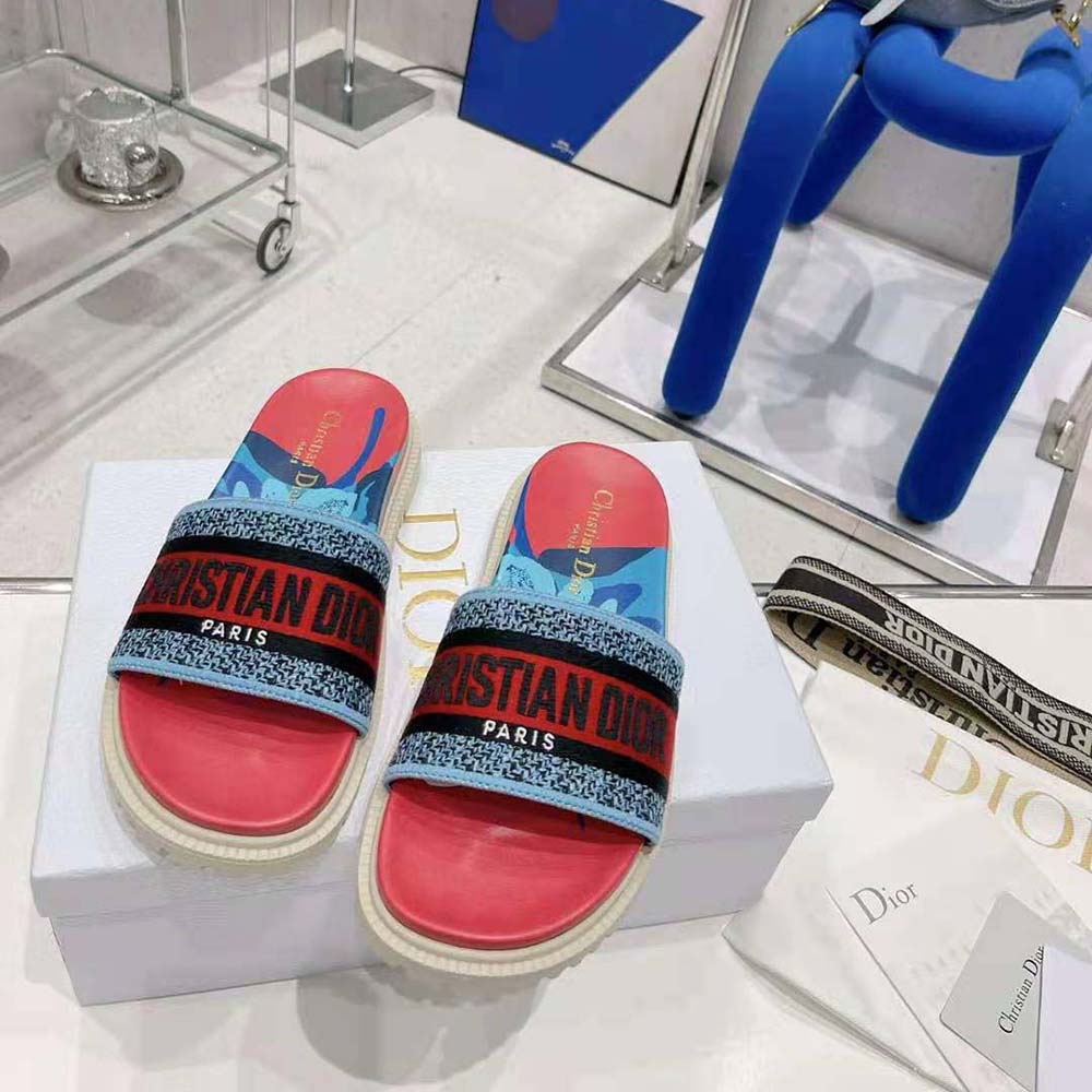 Dior Women Dway Slide Pink Multicolor D-Flower Pop Cotton Embroidery