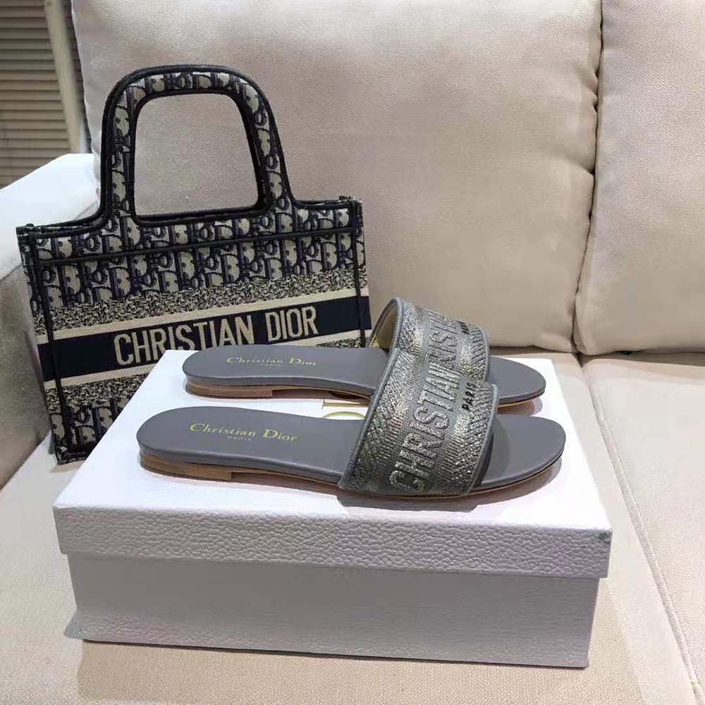 Dior Women Dway Slide Silver-Tone Embroidered Metallic Fabric